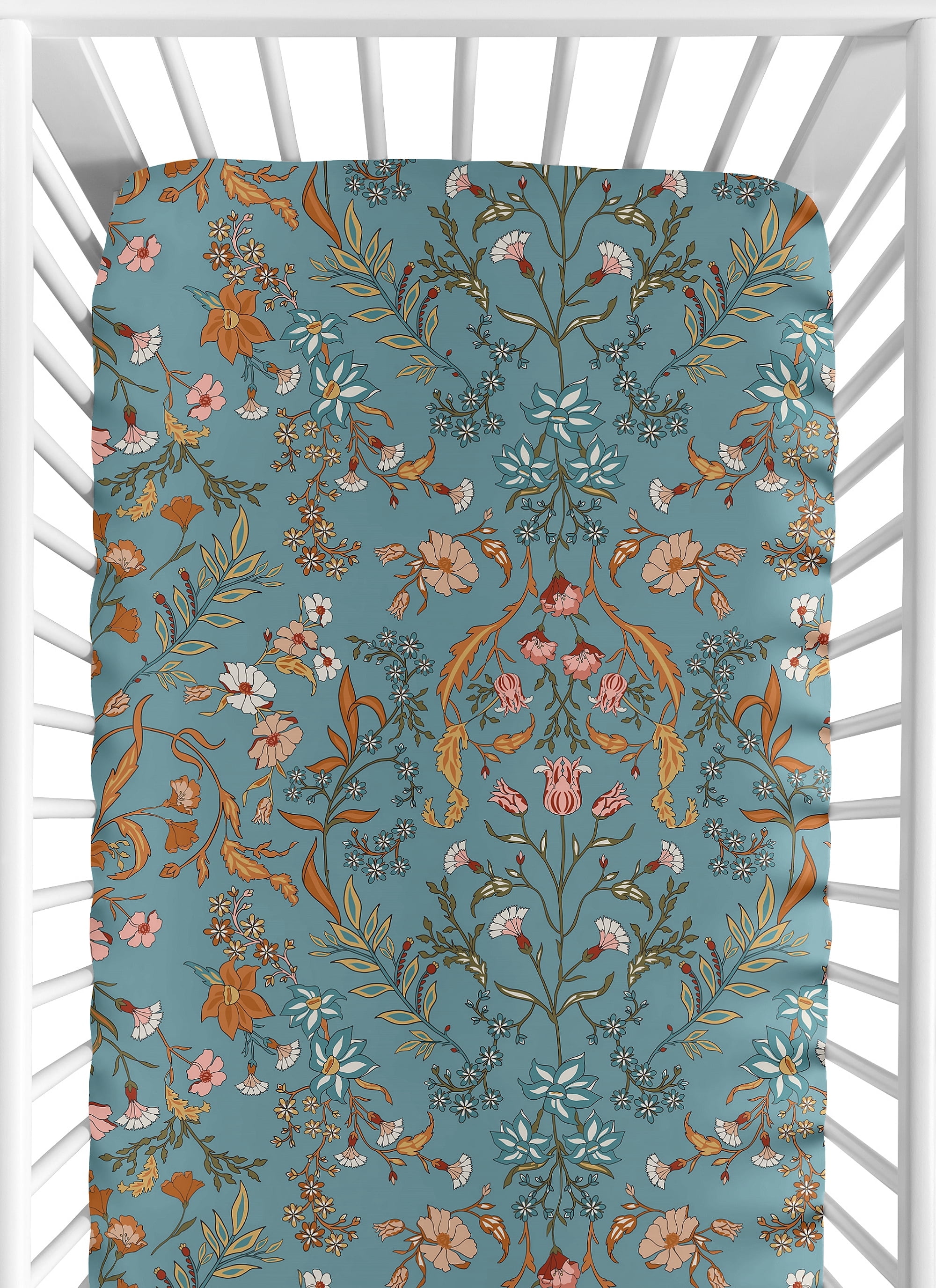 Sweet Jojo Designs Boho Floral Wildflower Blue and Orange Fitted Crib Sheet