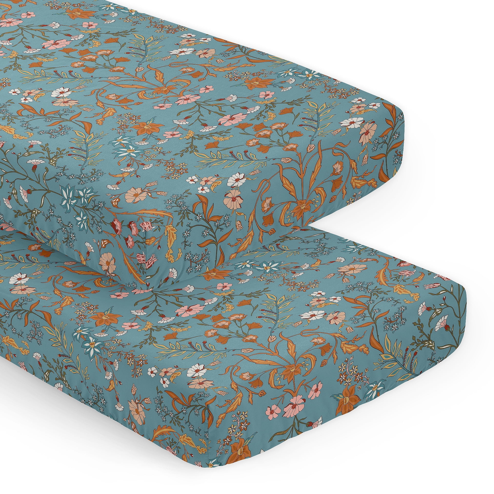 Sweet Jojo Designs Boho Floral Wildflower Blue Orange and Pink Fitted Crib Sheets 2 Piece Set