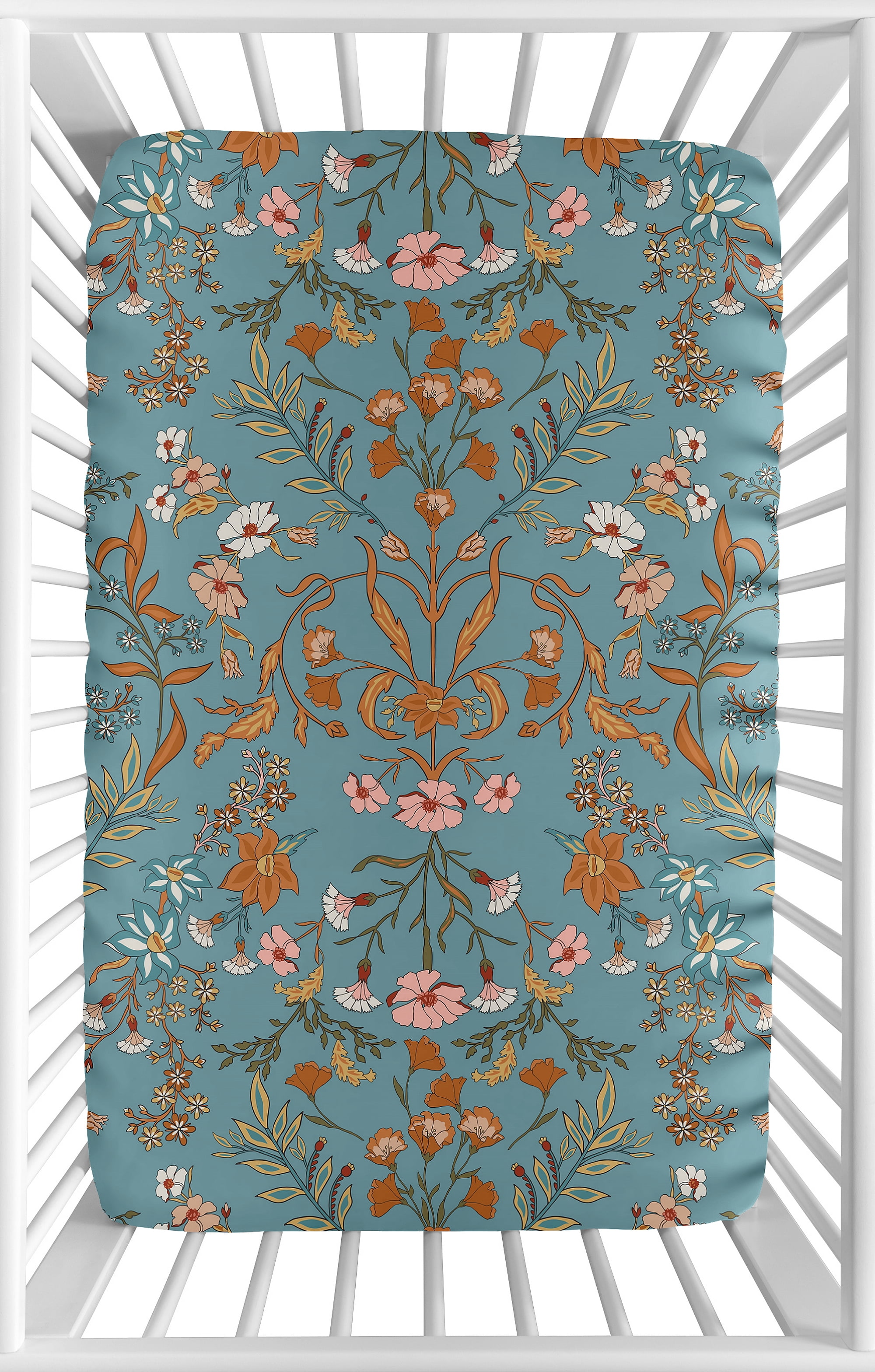 Sweet Jojo Designs Boho Floral Wildflower Blue and Orange Girl Mini Fitted Crib Sheet