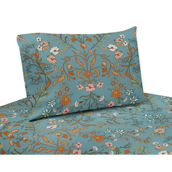 Sweet Jojo Designs Boho Floral Wildflower Blue and Orange Girl Queen Size Sheet Set 4 Piece