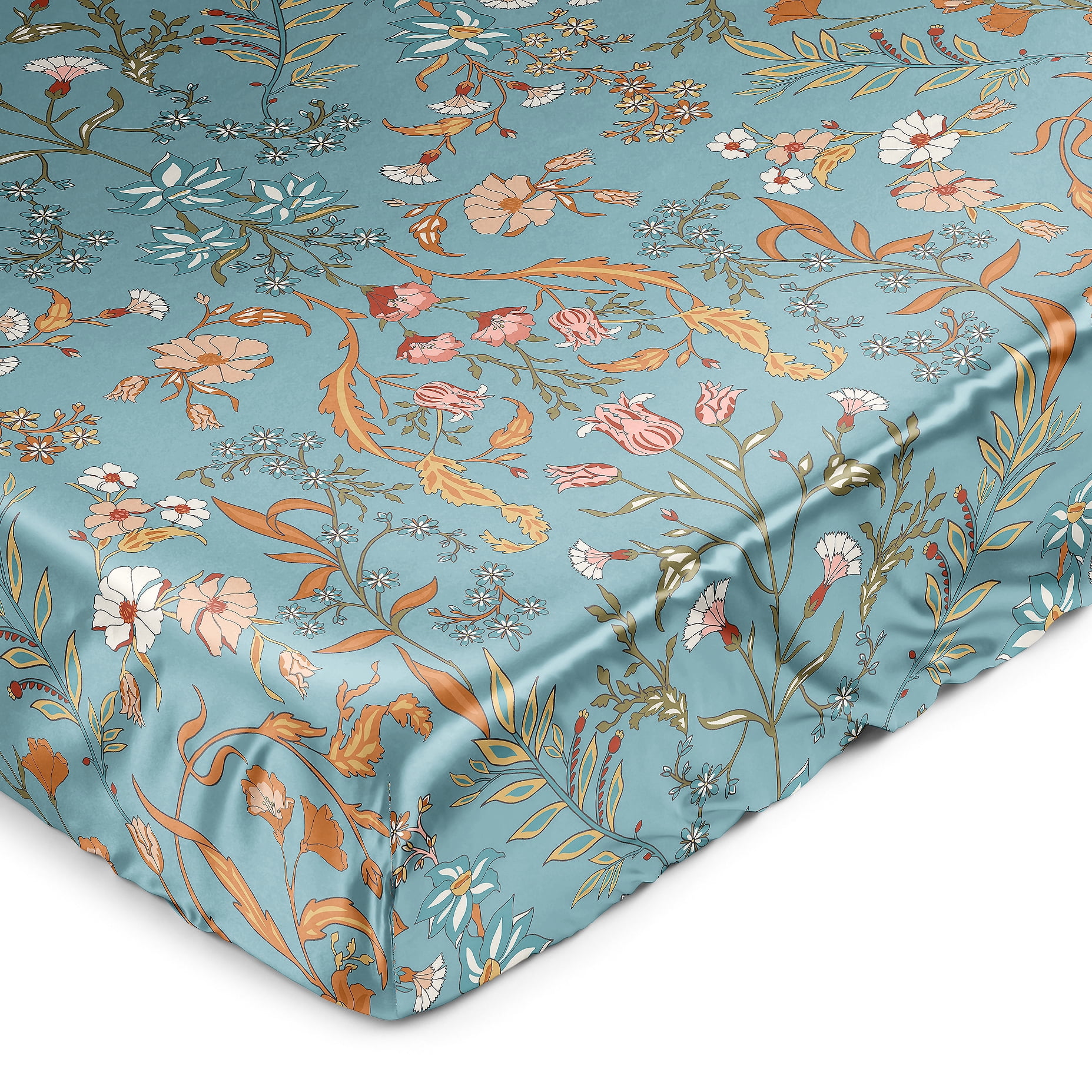 Sweet Jojo Designs Boho Floral Wildflower Blue and Orange Girl Satin Fitted Crib Sheet