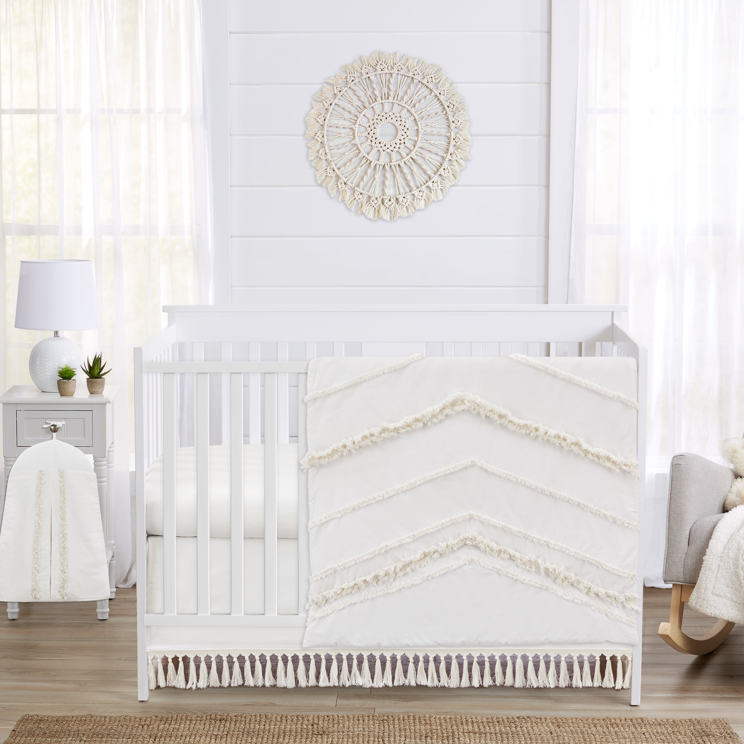 Ivory Cotton Boho Fringe 4-Piece Crib Bedding Set