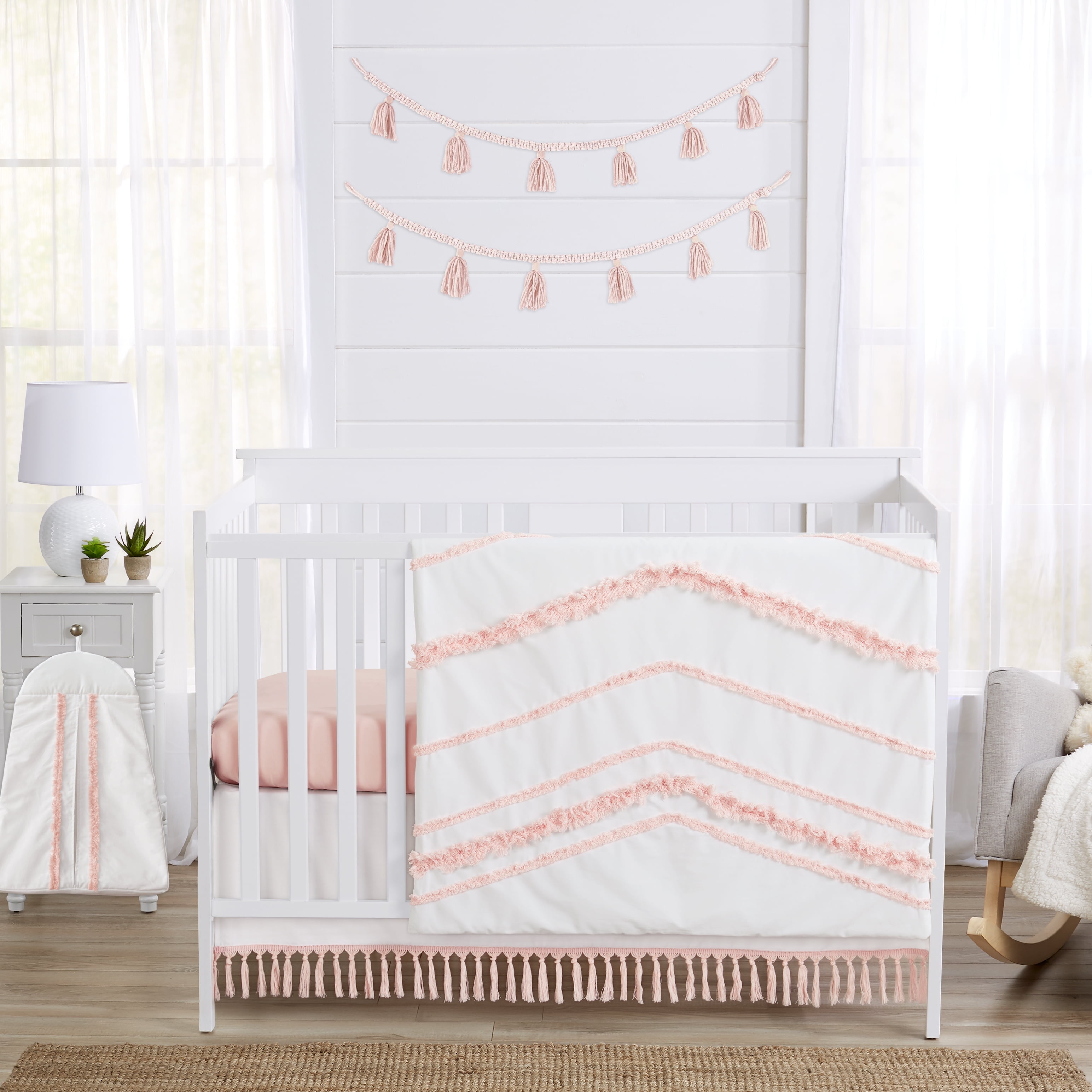 White and Blush Pink Cotton Boho Fringe Toddler Comforter Set