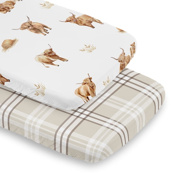Sweet Jojo Designs Boho Highland Cow & Plaid Boy, Girl, Unisex/Gender Neutral Baby Bassinet Fitted Sheets Set 2 Piece