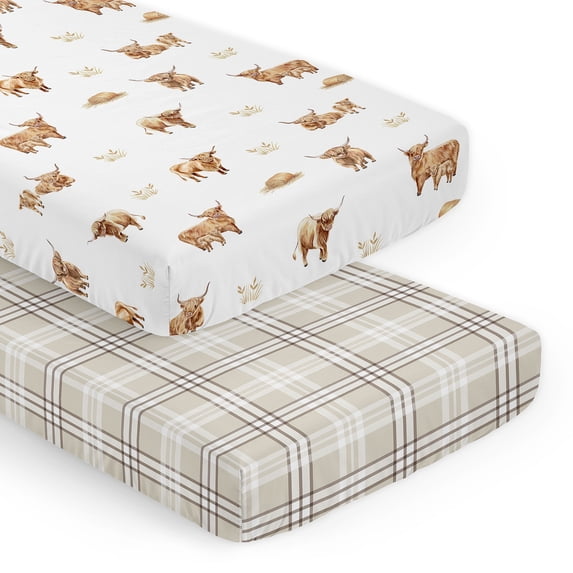 Sweet Jojo Designs Boho Highland Cow & Plaid Boy, Girl, Unisex/Gender Neutral Fitted Crib Sheets Set 2 Piece