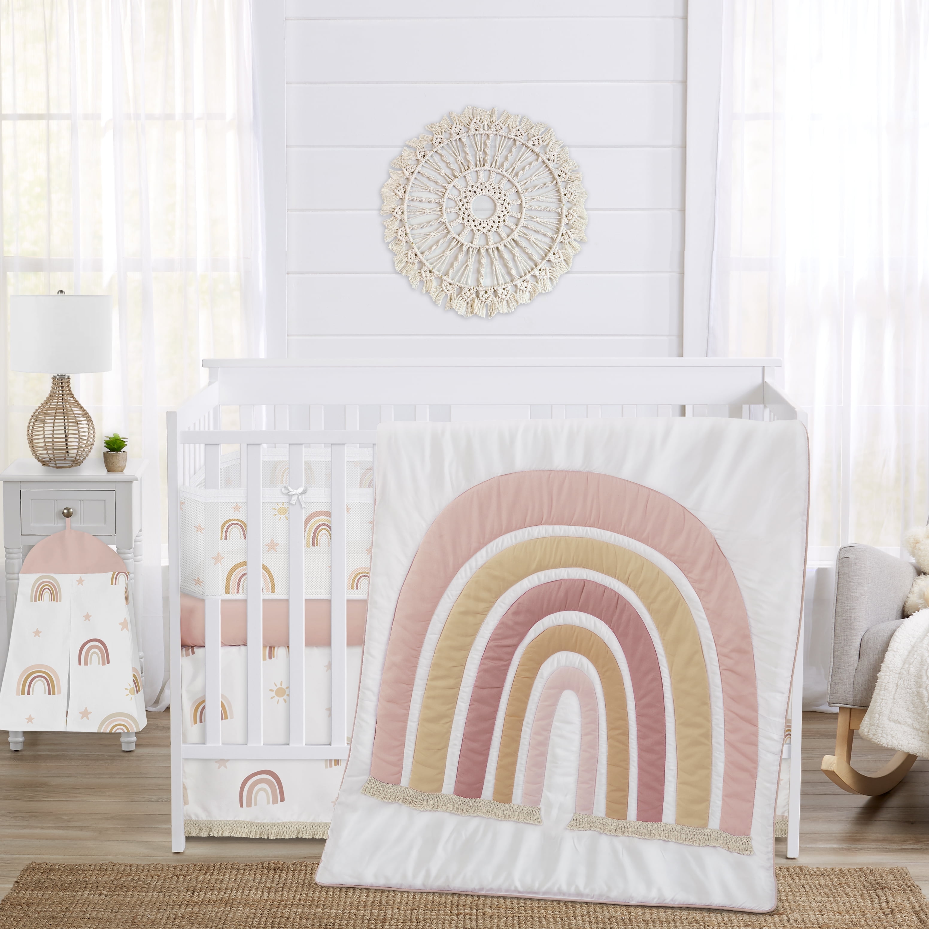 Sweet Jojo Designs Boho Rainbow Pink Gold and Taupe Crib Bedding + BreathableBaby Breathable Mesh Liner Pad