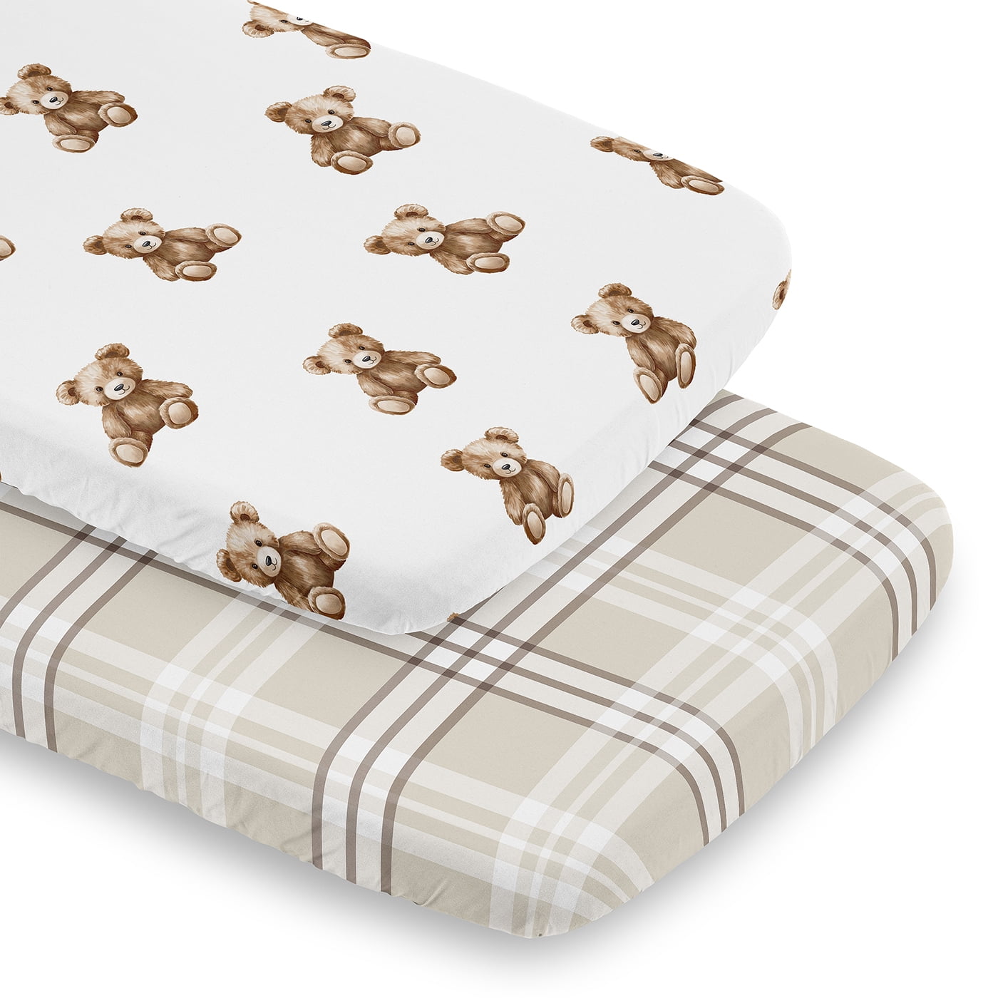 Sweet Jojo Designs Boho Teddy Bear & Plaid Boy, Girl, Unisex/Gender Neutral Baby Bassinet Fitted Sheets Set 2 Piece