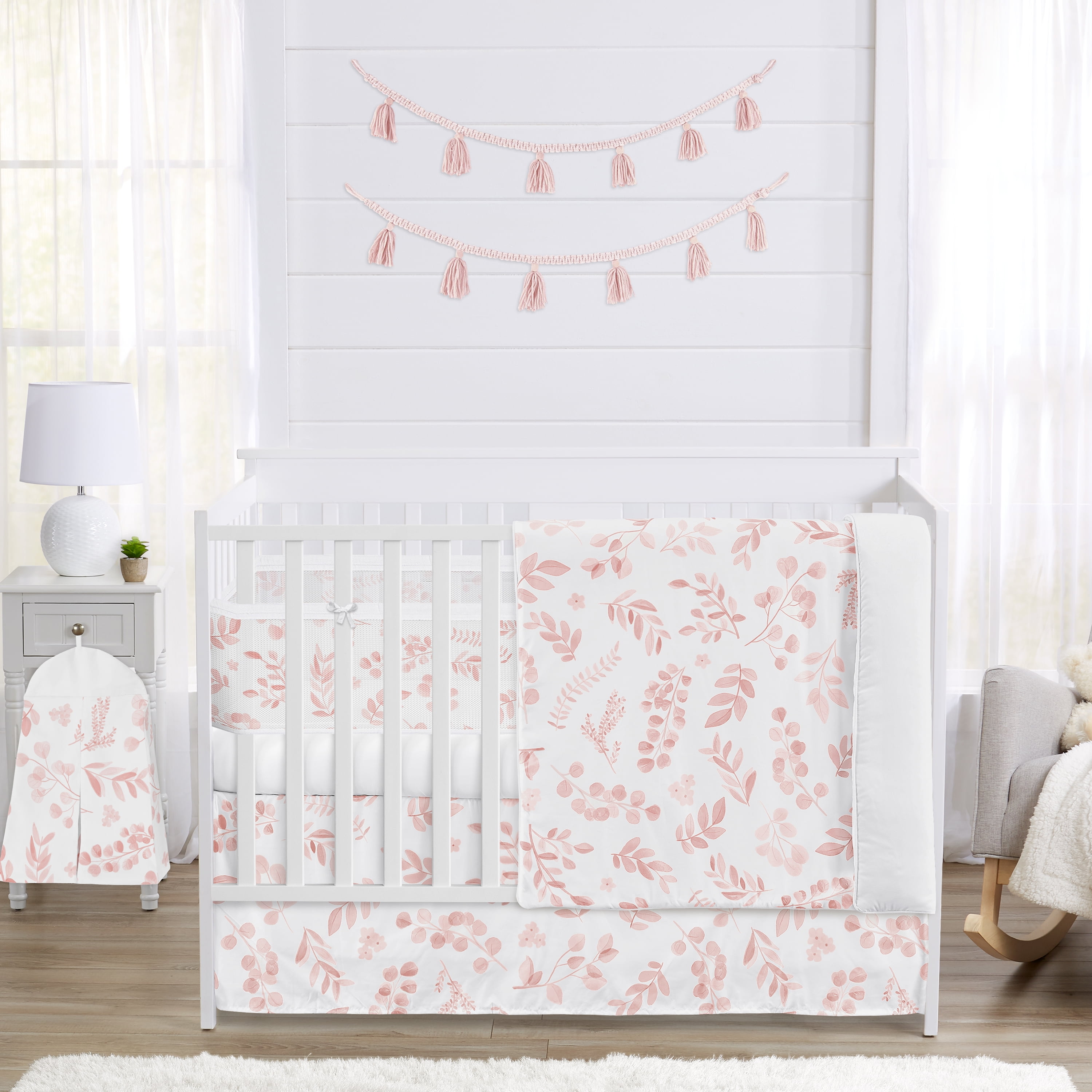 Blush Pink and White Botanical Baby Crib Bedding Set