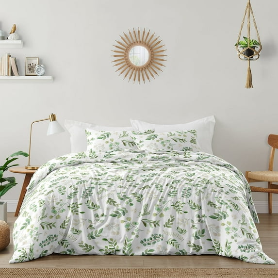 Sweet Jojo Designs Botanical Green White Queen Duvet Cover Bedding Set 3 Piece Set