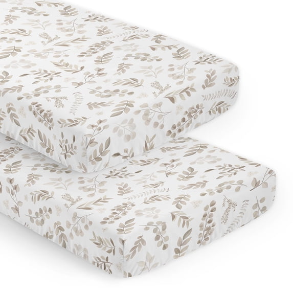 Sweet Jojo Designs Botanical Ivory Beige Taupe and White Fitted Crib Sheets 2 Piece Set