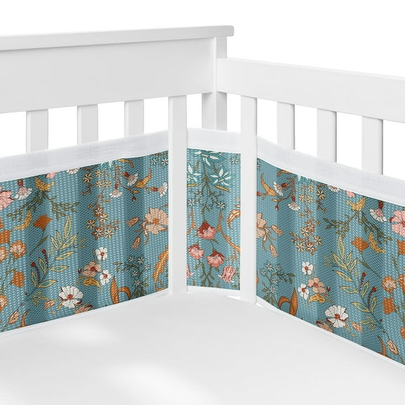 Sweet Jojo Designs + BreathableBaby Boho Floral Wildflower Blue and Orange Girl Breathable Mesh Crib Liner