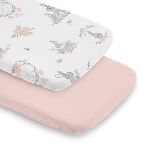 Sweet Jojo Designs Bunny Floral Girl Baby Bassinet Fitted Sheets Set 2 Piece