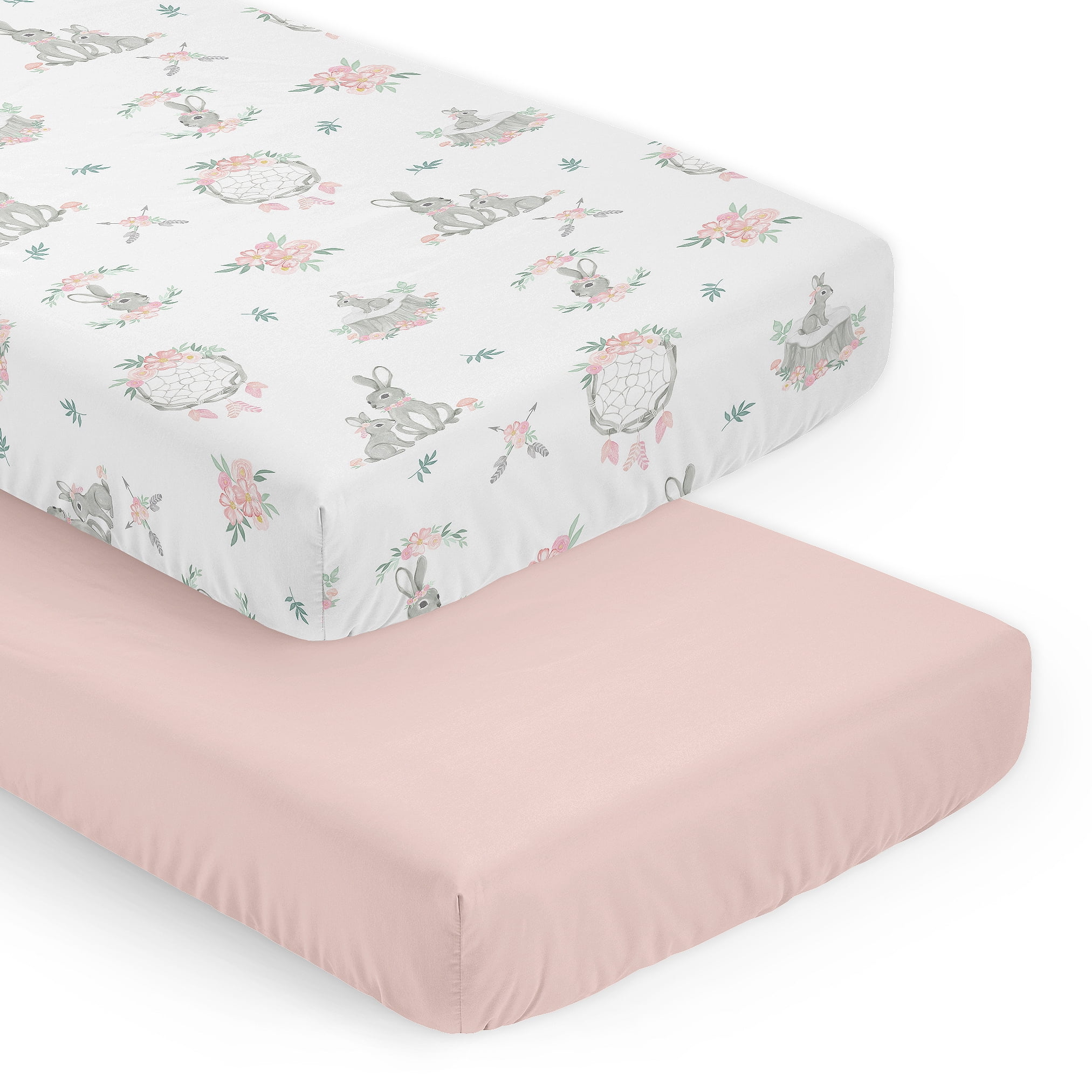Sweet Jojo Designs Bunny Floral Girl Fitted Crib Sheets Set 2 Piece