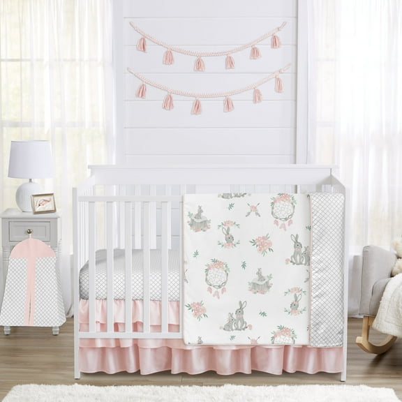 Sweet Jojo Designs Bunny Floral Pink Grey and White 4 Piece Crib Bedding Set