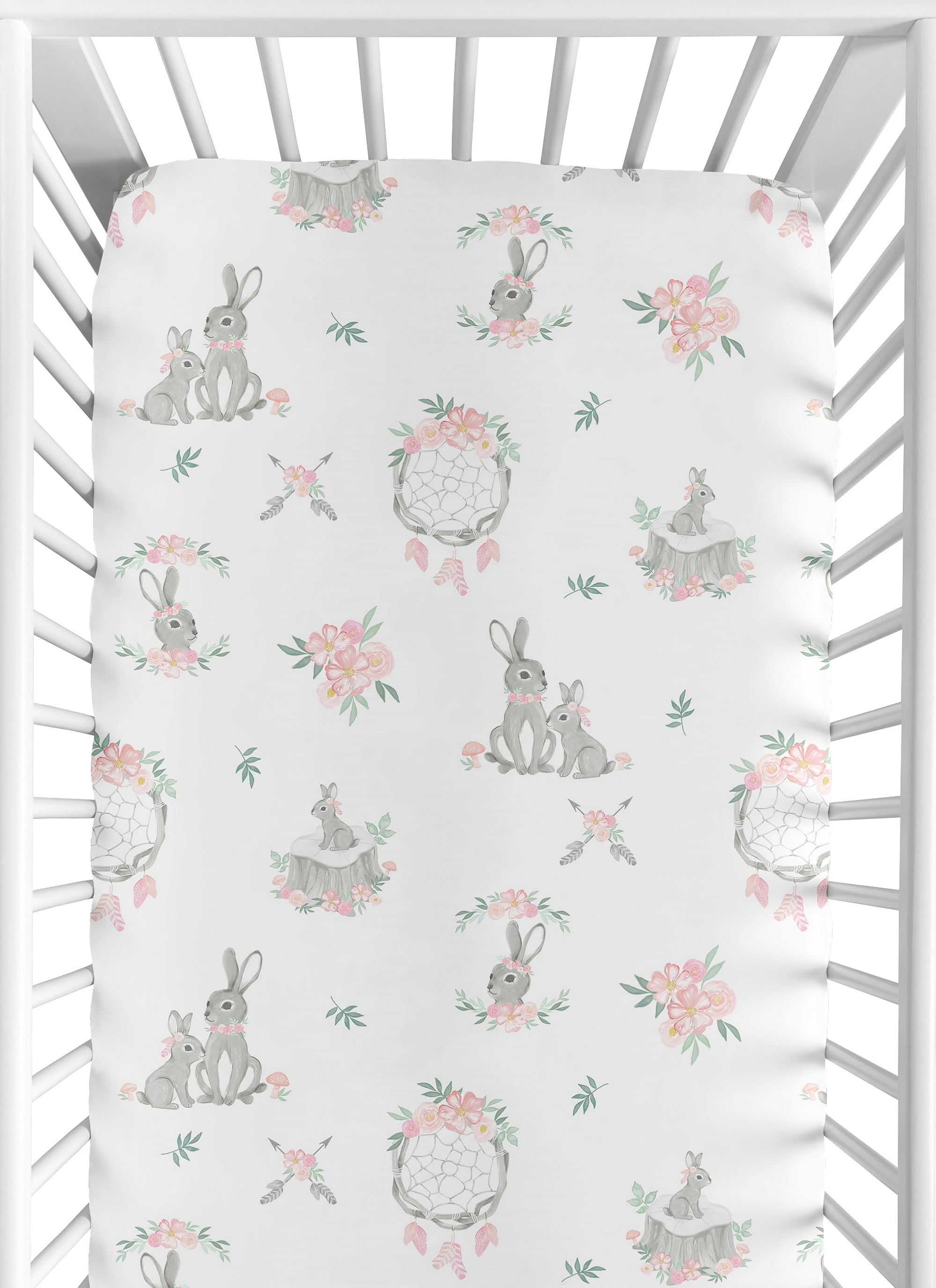 Sweet Jojo Designs Bunny Floral Pink Grey and White Fitted Crib Sheet