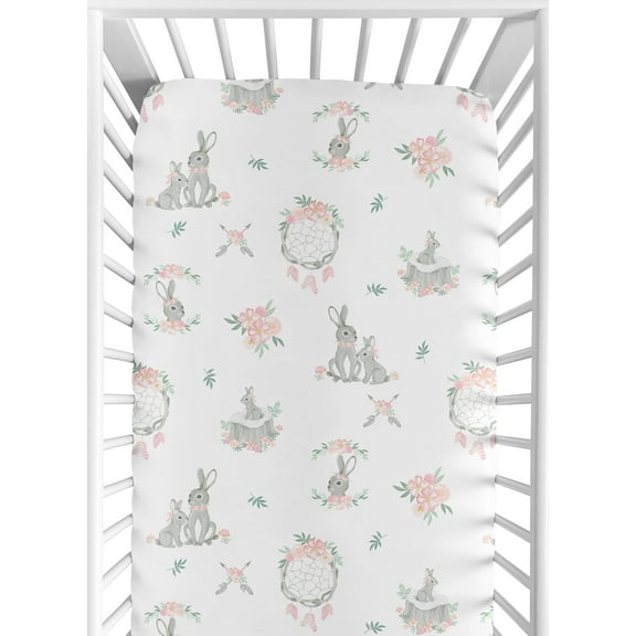 Sweet Jojo Designs Bunny Floral Pink Grey and White Fitted Crib Sheet