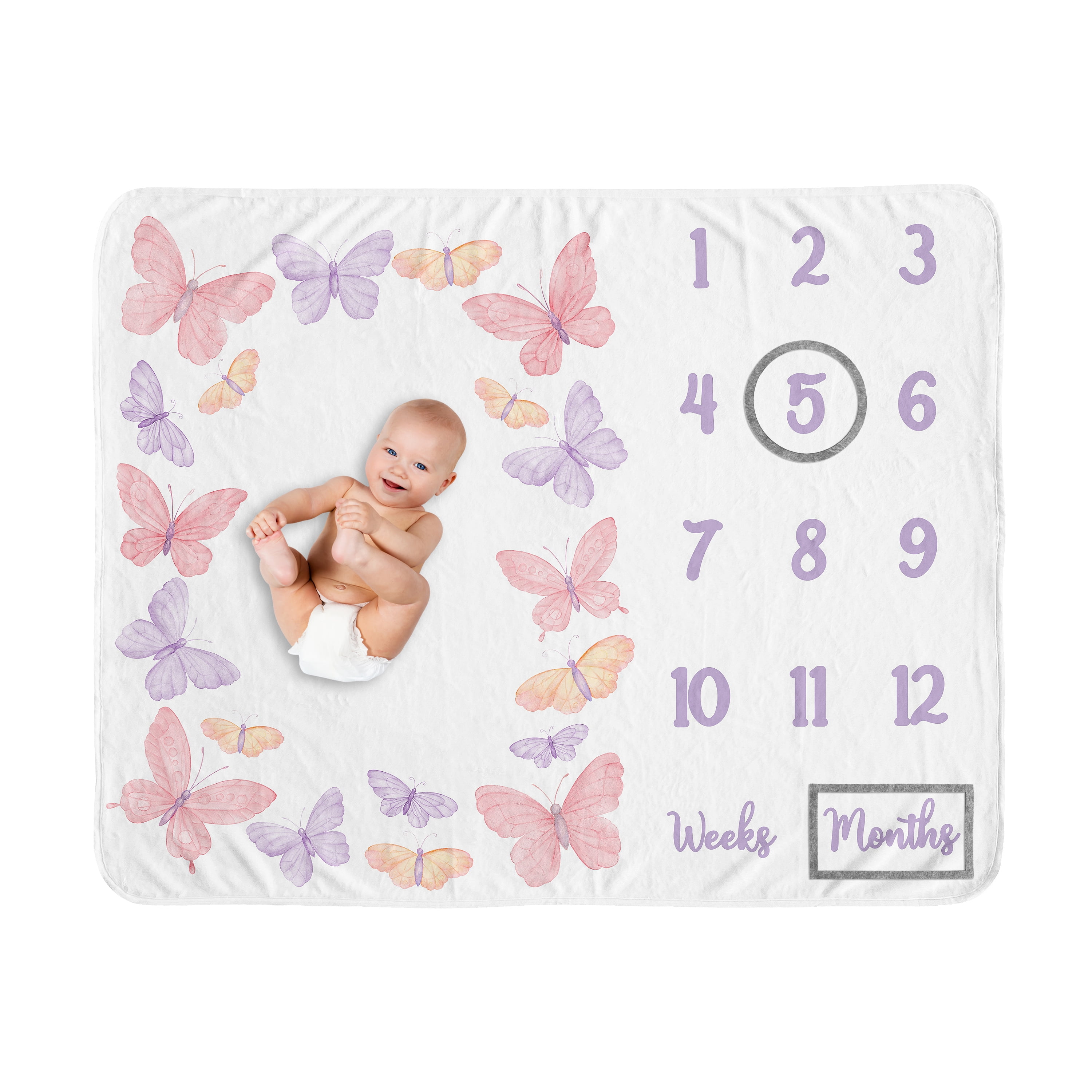 Sweet Jojo Designs Butterfly Blush Pink and Purple Girl Fleece Milestone Baby Blanket Set 3 Piece