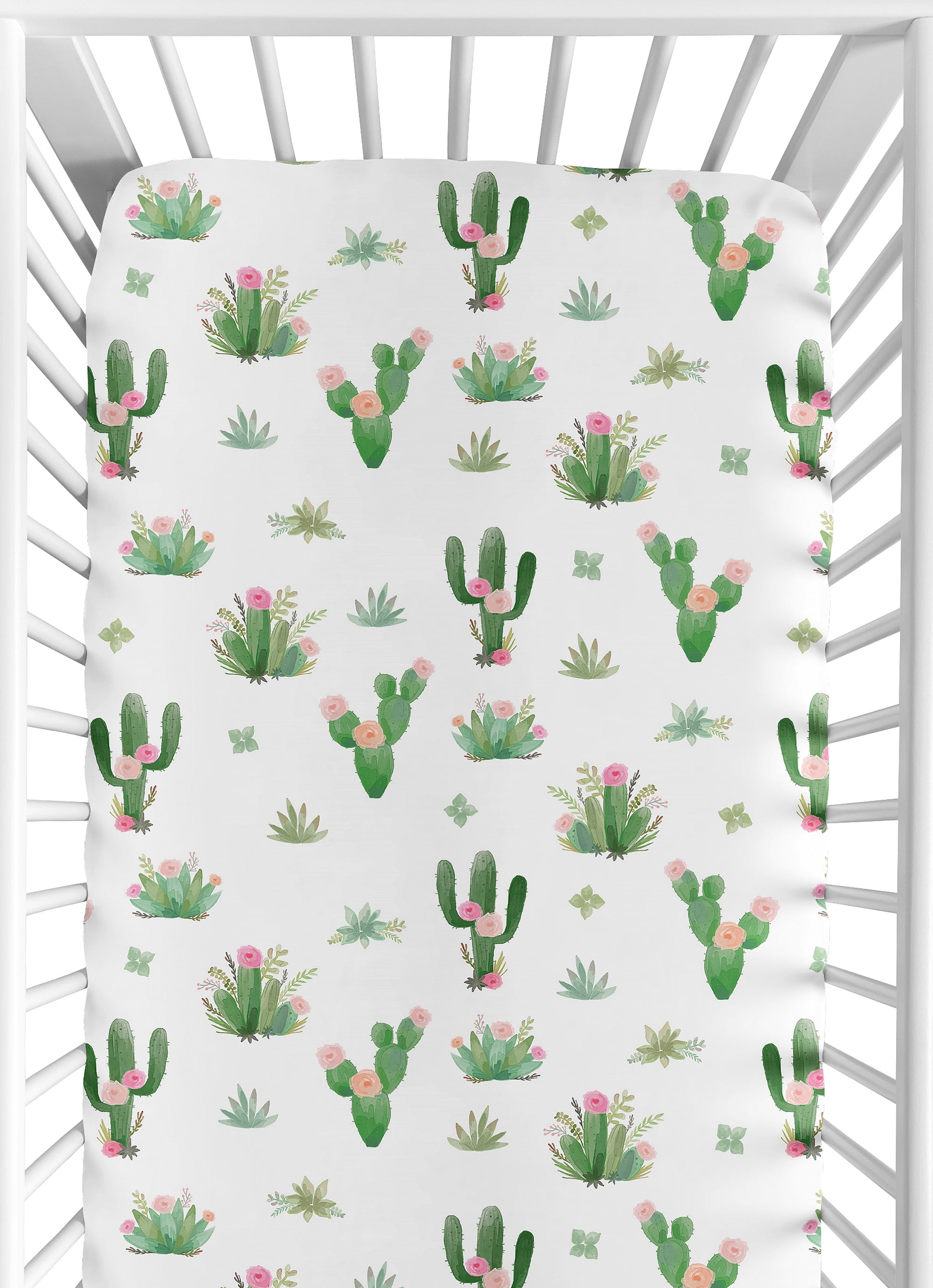 Sweet Jojo Designs Cactus Floral Pink Green and White Fitted Crib Sheet
