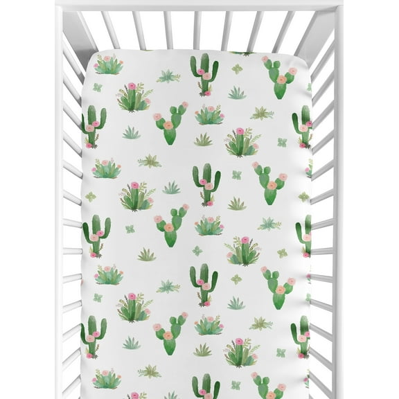 Sweet Jojo Designs Cactus Floral Pink Green and White Fitted Crib Sheet