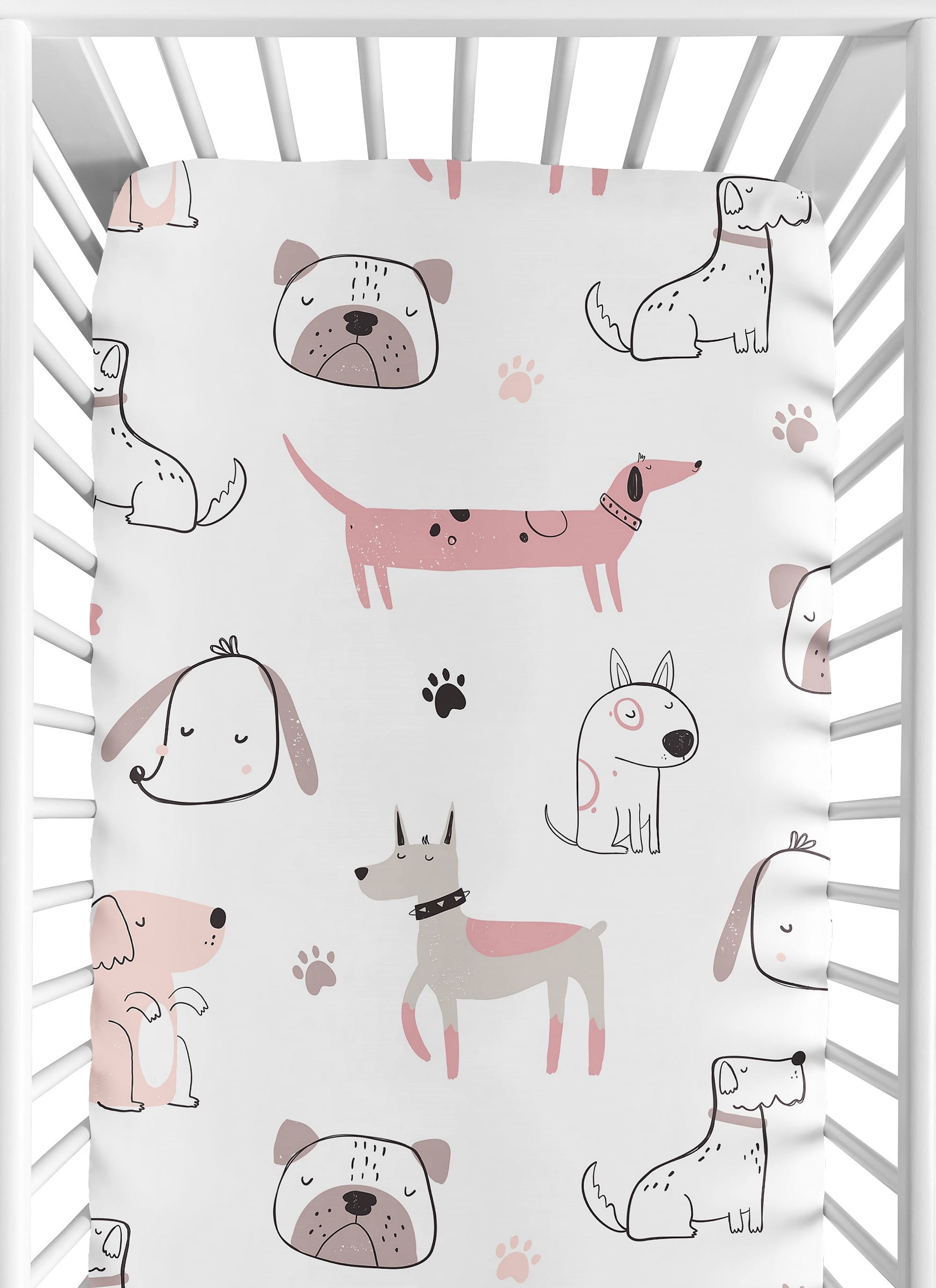 Sweet Jojo Designs Cartoon Puppy Dog White and Pink Girl Fitted Crib Sheet