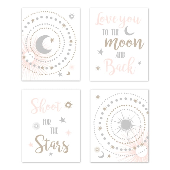 Sweet Jojo Designs Celestial Pink Gold and Grey Unframed Wall Art Print 4 Piece Set