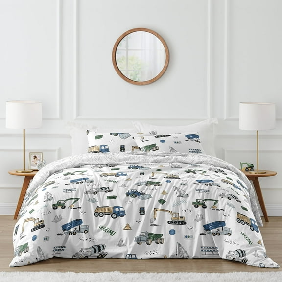 Sweet Jojo Designs Construction Truck Green Blue and Grey Full/Queen Bed Comforter 3 Piece Bedding Set - 3 Piece