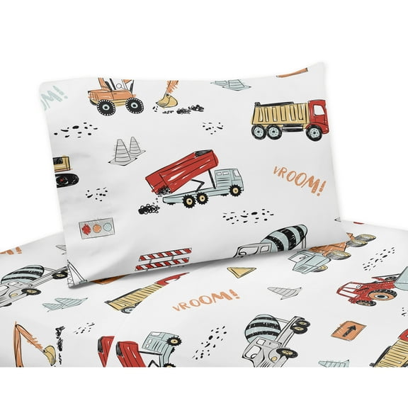 Sweet Jojo Designs Construction Truck Red Blue and Grey 4 Piece Queen Size Sheet Set - 4 piece