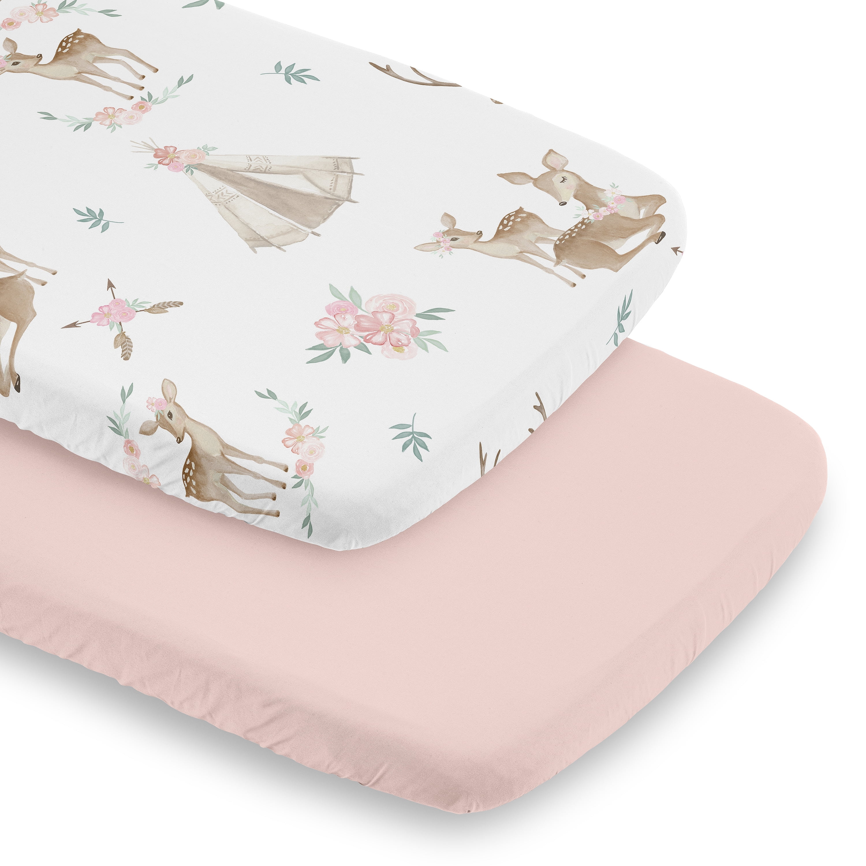 Sweet Jojo Designs Deer Floral Pink Taupe and White Baby Bassinet Fitted Sheets 2 Piece Set