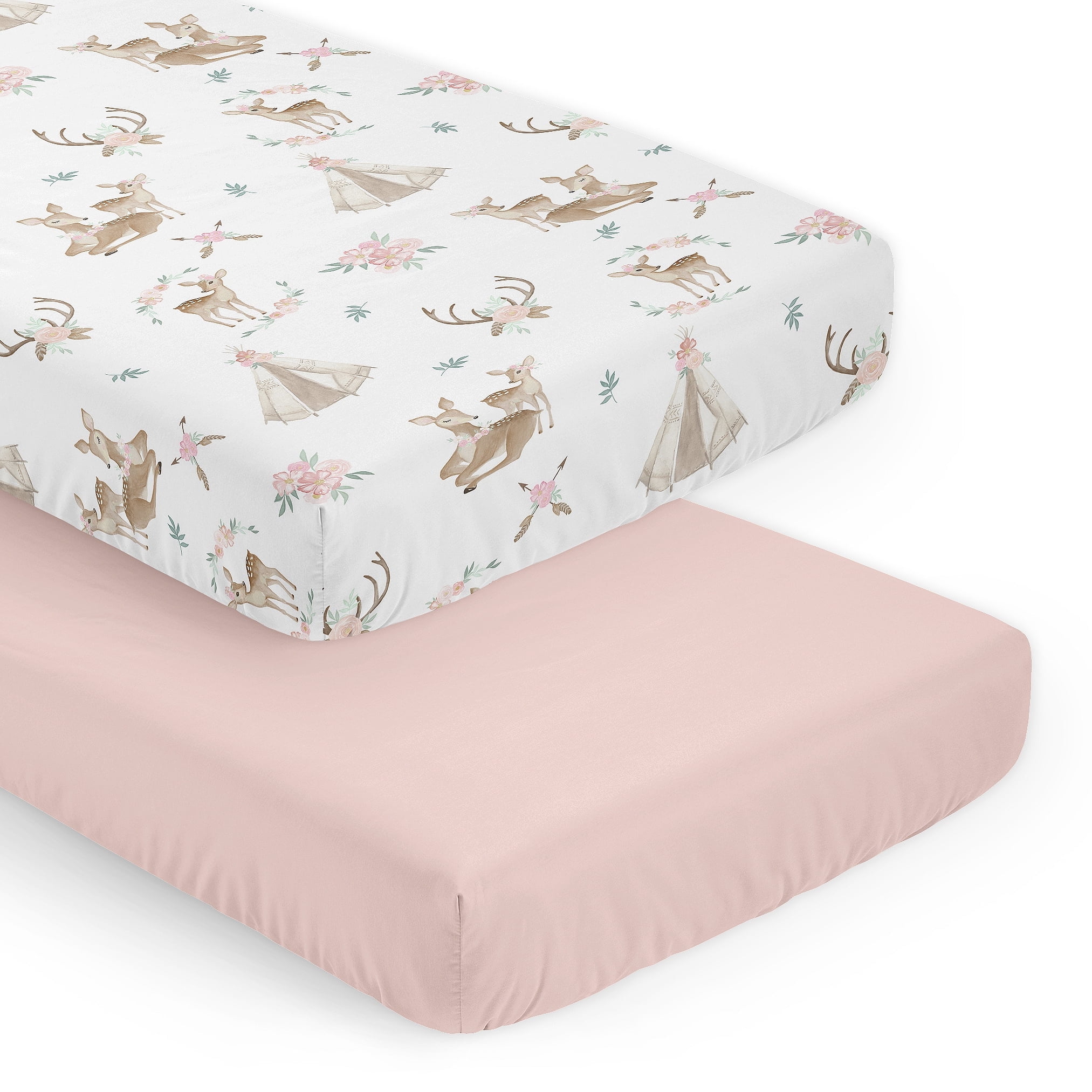 Sweet Jojo Designs Deer Floral Pink Taupe and White Fitted Crib Sheets 2 Piece Set