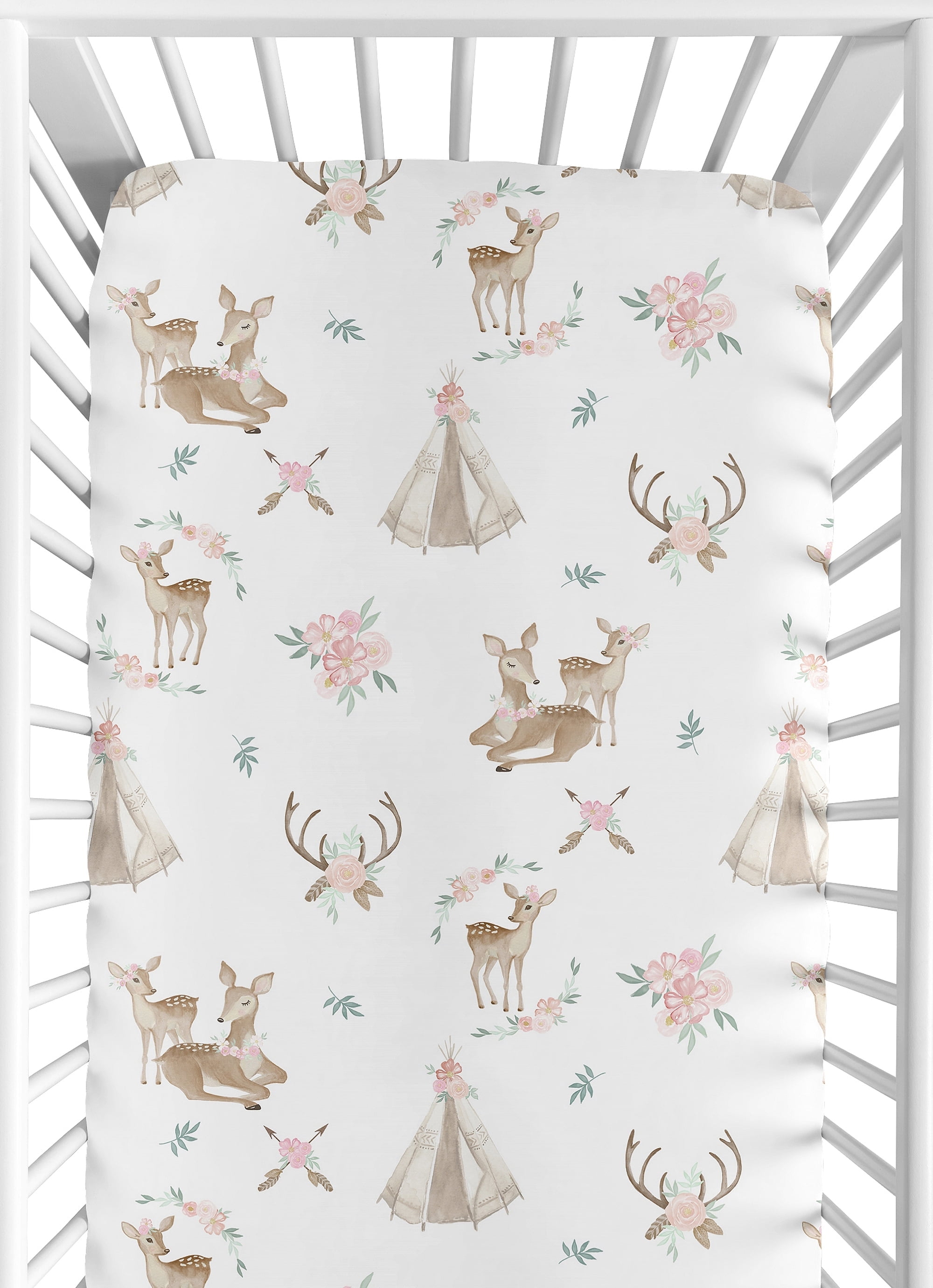 Sweet Jojo Designs Deer Floral Pink, Green, Tan and White Fitted Crib Sheet