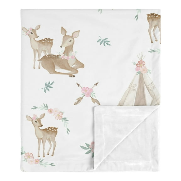 Sweet Jojo Designs Deer Floral Pink Green and White Baby Security Blanket