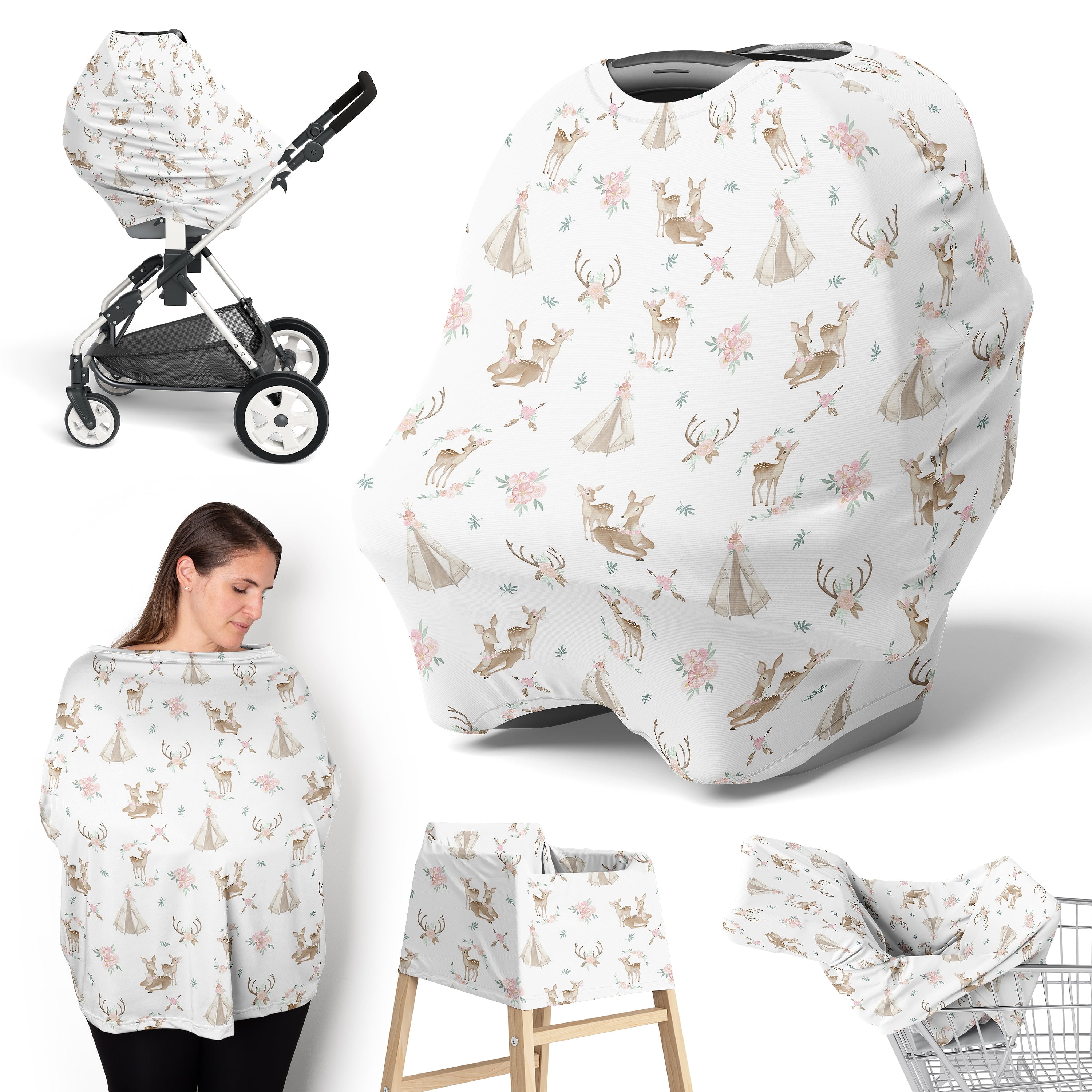 Sweet Jojo Designs Deer Floral Pink Green and White Multi Use Baby Car Seat and Nursing Cover