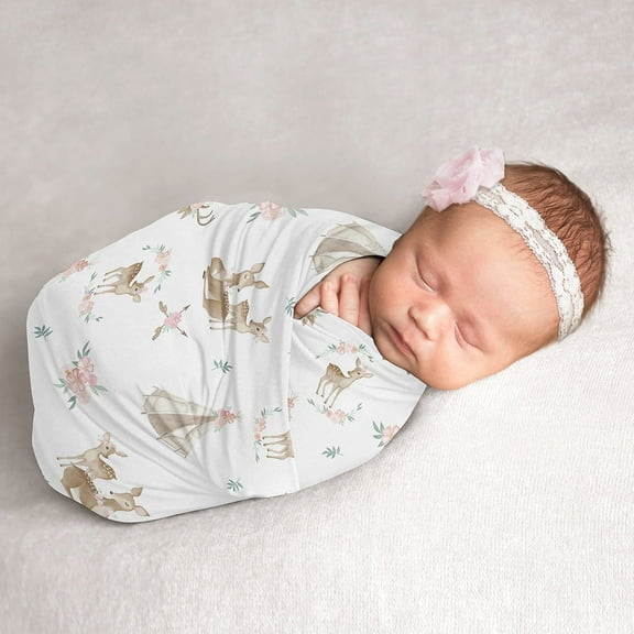 Sweet Jojo Designs Deer Floral Pink Green and White Swaddle Blanket