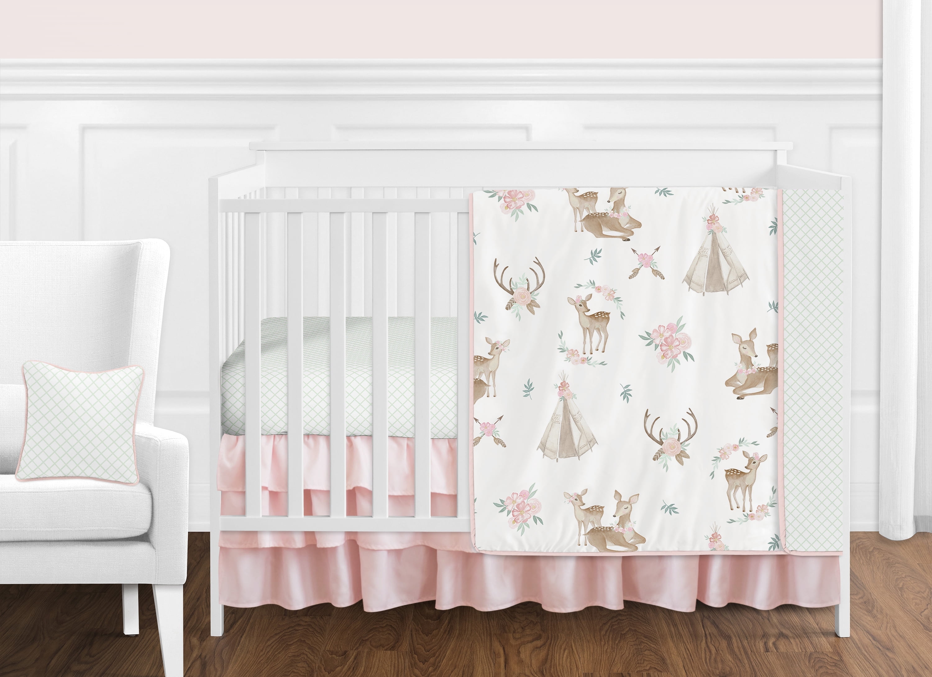 Sweet Jojo Designs Deer Floral Pink Taupe and Green 11 Piece Crib Bedding Set