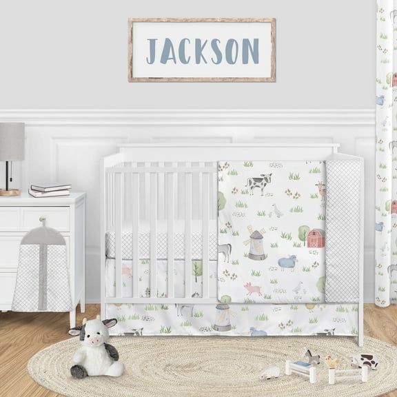 Sweet Jojo Designs Farm Animals Gray Green Grey Red 4 Piece Crib Bedding Set