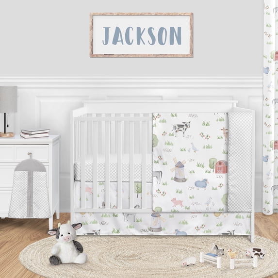 Sweet Jojo Designs Farm Animals Gray Green Grey Red 4 Piece Crib Bedding Set