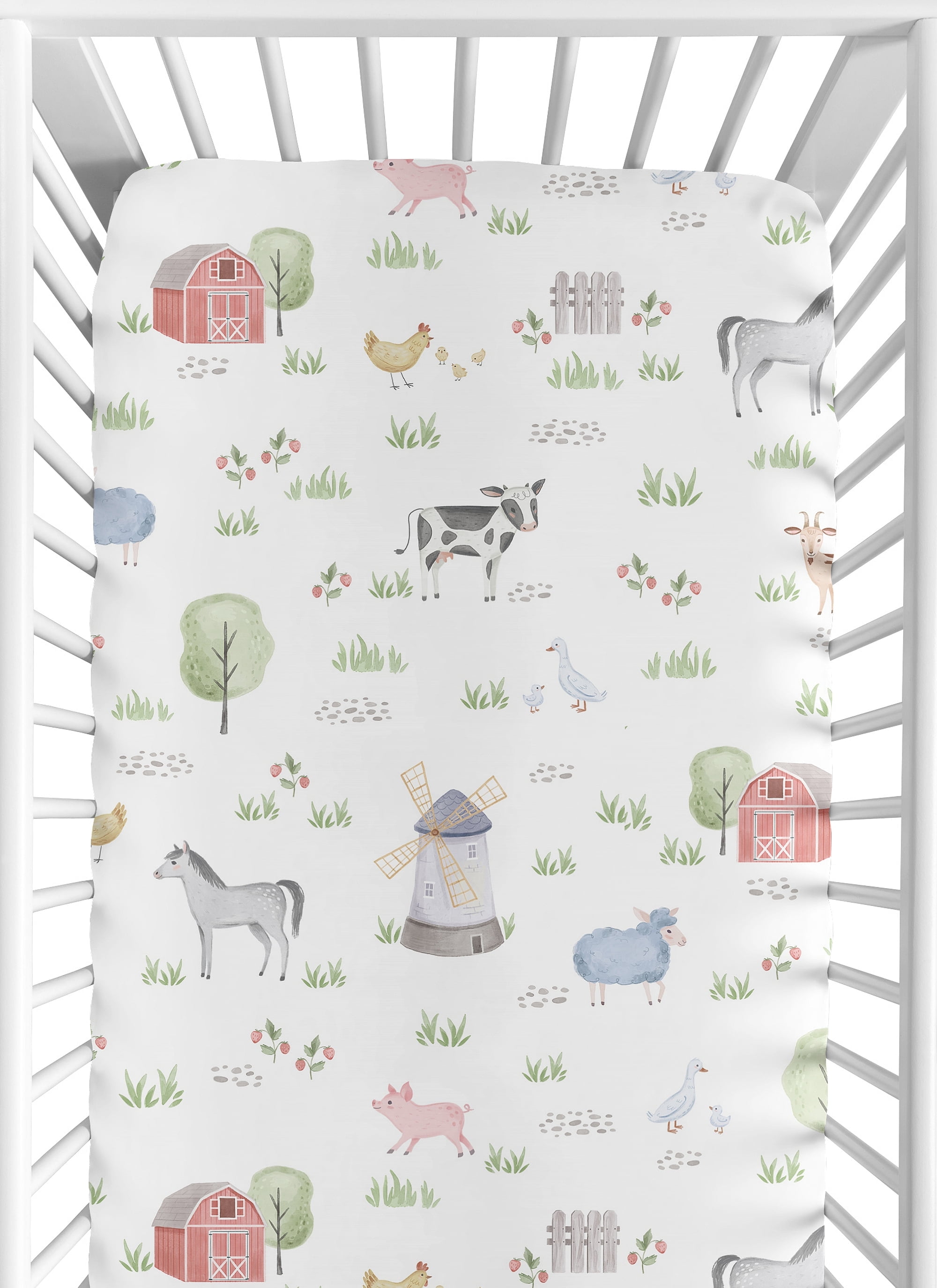 Sweet Jojo Designs Farm Animals Gray Green Grey Red Fitted Crib Sheet