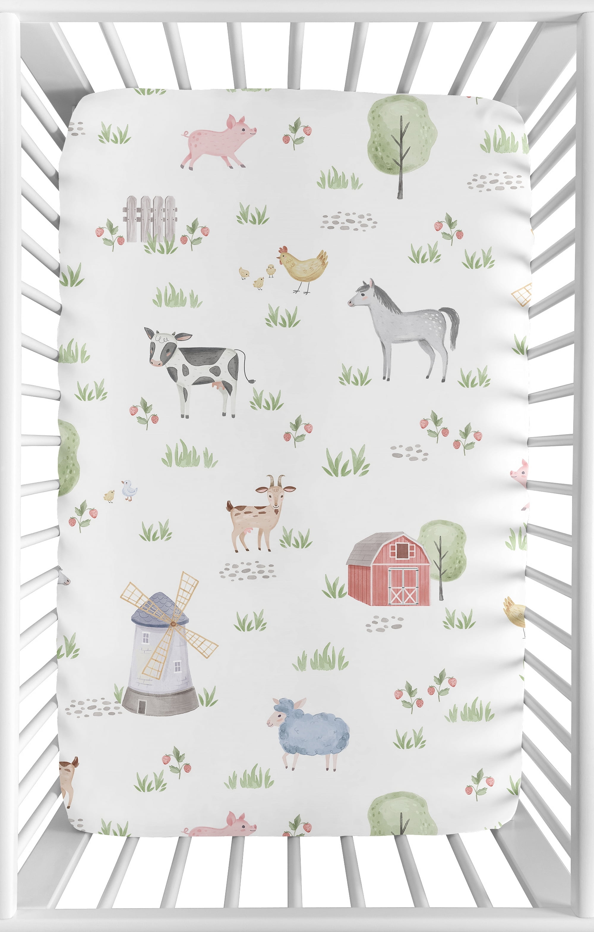 Sweet Jojo Designs Farm Animals Gray Green Grey Red Mini Fitted Crib Sheet