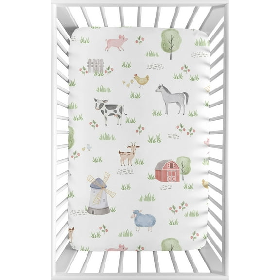 Sweet Jojo Designs Farm Animals Gray Green Grey Red Mini Fitted Crib Sheet