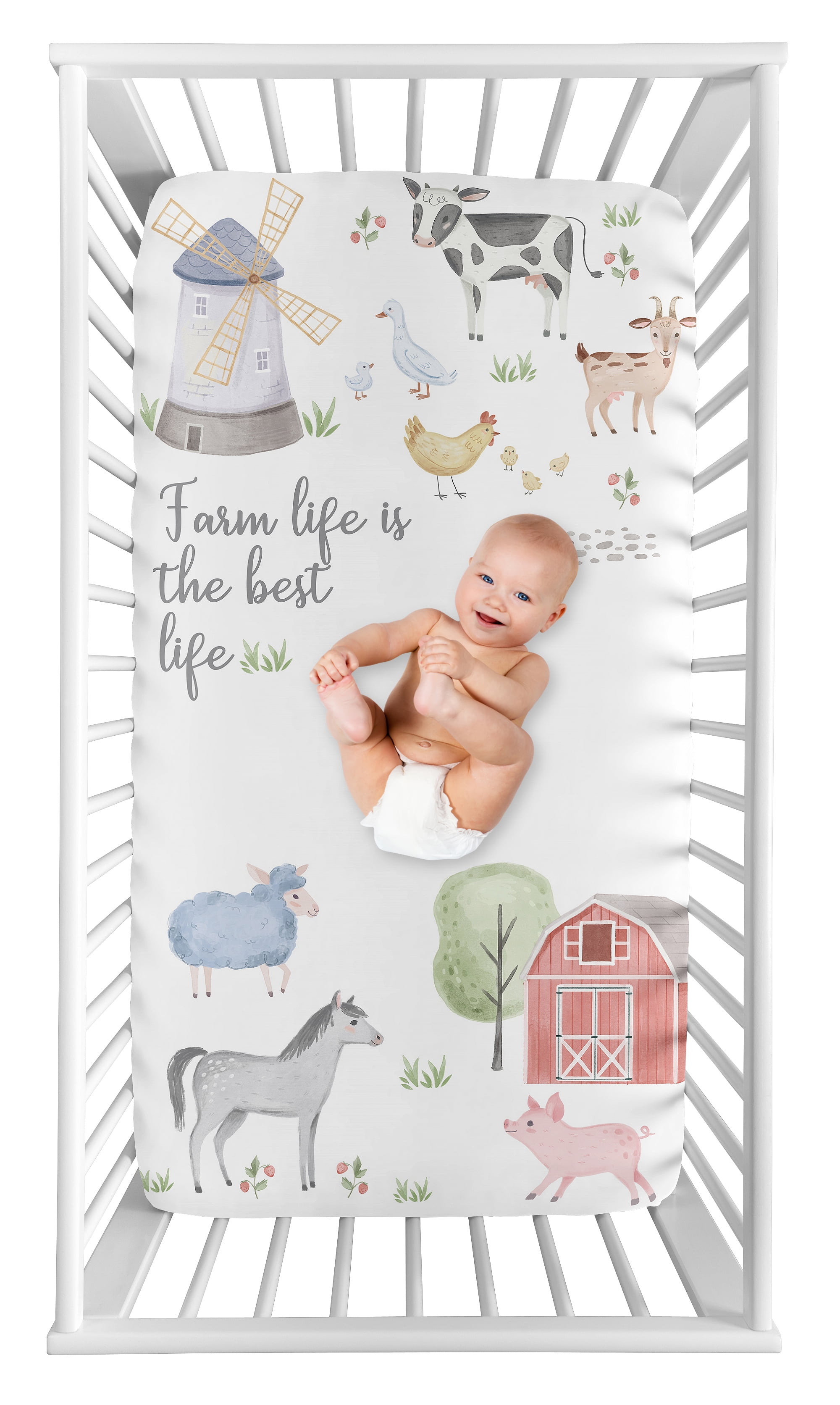 Sweet Jojo Designs Farm Animals Gray Green Grey Red Photo Op Fitted Crib Sheet