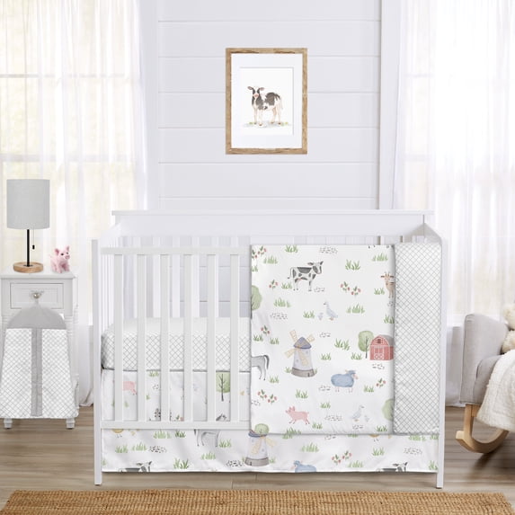 Sweet Jojo Designs Farm Animals Grey Blue Red Green 5 Piece Crib Bedding Set