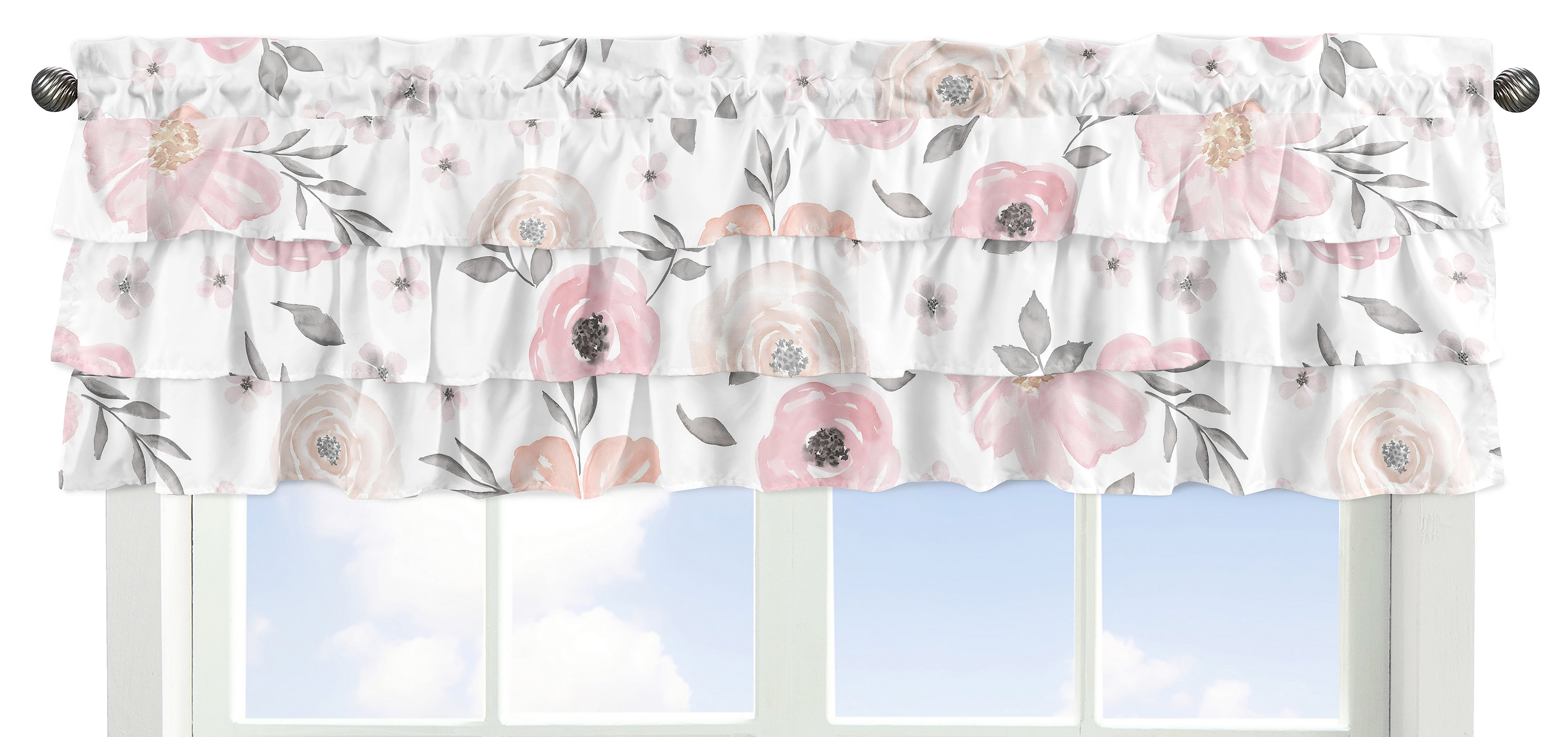 Blush Pink and Grey Floral Ruffled Window Valance