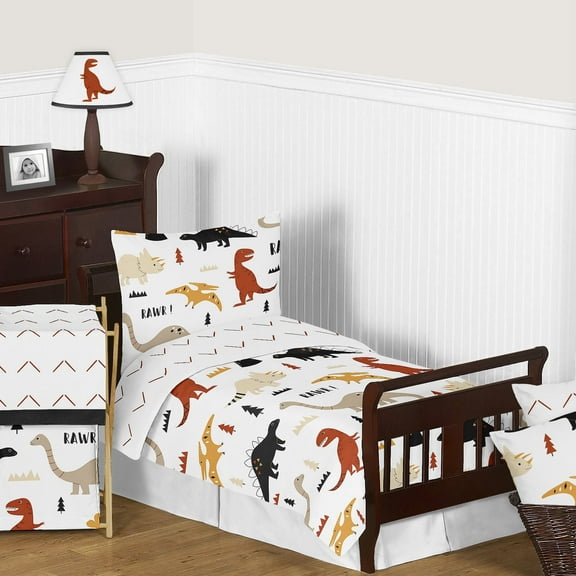 Sweet Jojo Designs Mod Dinosaur Black Tan and Orange Toddler Bed Comforter 5 Piece Bedding Set