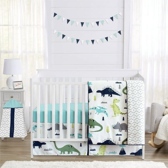 Sweet Jojo Designs Mod Dinosaur Blue, Green, Grey and White 4 Piece Crib Bedding Set