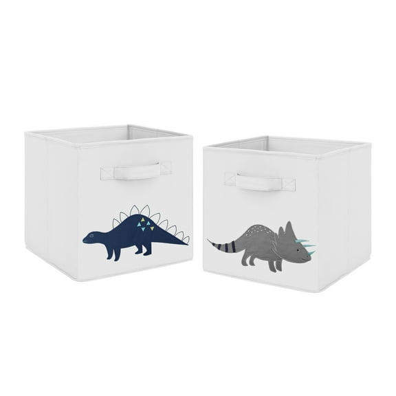 Sweet Jojo Designs Navy Blue and Grey Modern Dino Foldable Fabric Storage Cube Bins Boxes Organizer Toys Kids Baby Childrens for Mod Dinosaur Collection - Set of 2