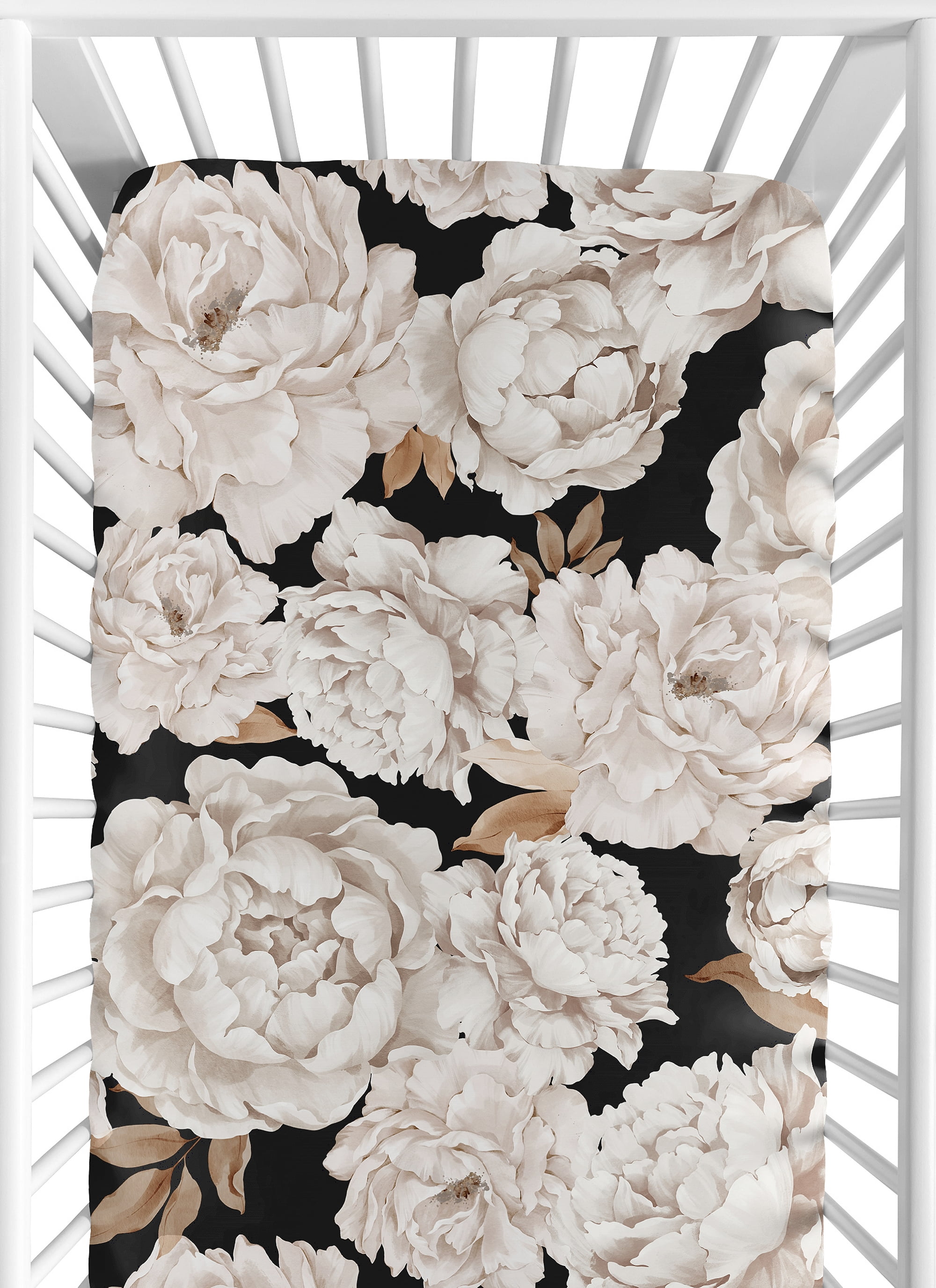 Sweet Jojo Designs Peony Floral Garden Black and Ivory Girl Fitted Crib Sheet