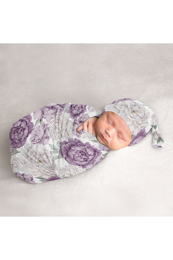 Peony Floral Garden Lavender Purple and Ivory Girl Baby Cocoon and Beanie Hat Sleep Sack Set 2 Piece