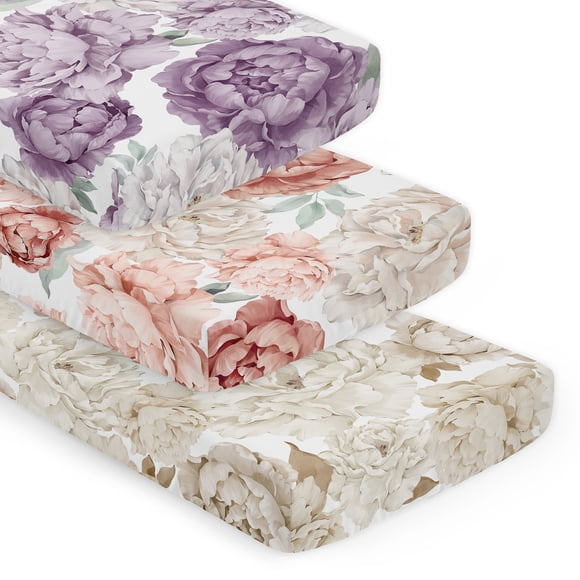 Sweet Jojo Designs Peony Floral Garden Lavender Purple, Pink & Taupe Girl Fitted Crib Sheets Set 3 Piece