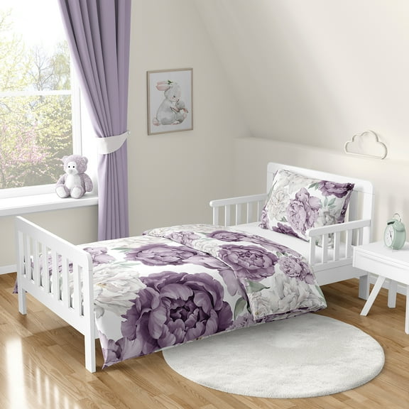 Sweet Jojo Designs Peony Floral Garden Lavender Purple and Ivory Toddler Bed Comforter Bedding Set Girl