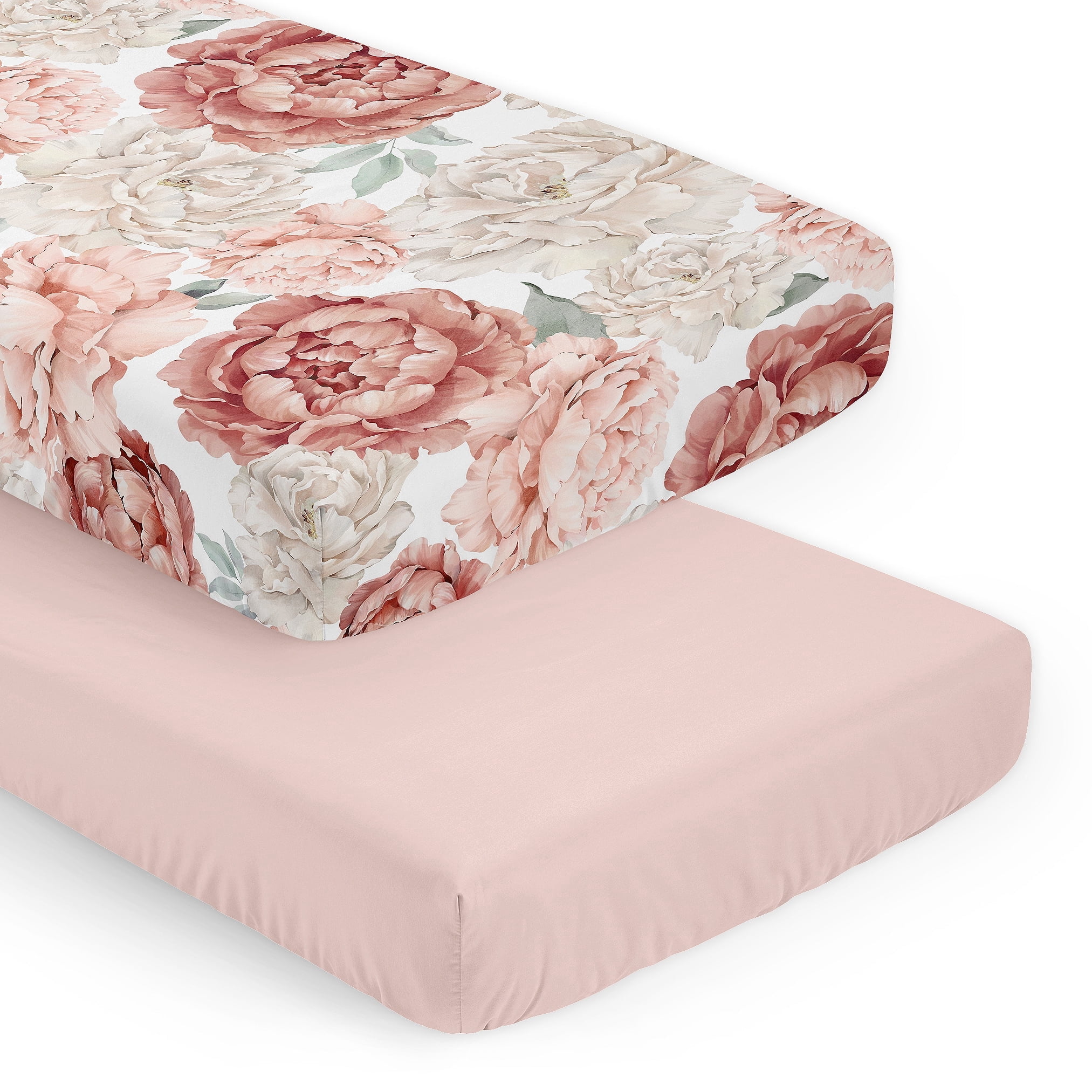 Sweet Jojo Designs Peony Floral Garden Pink Ivory and Green Fitted Crib Sheets 2 Piece Set
